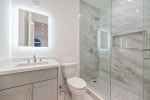 Rectangular Frameless LED Backlit Mirror with Magnifier and Time Display (Wall-Mounted, MR-029)